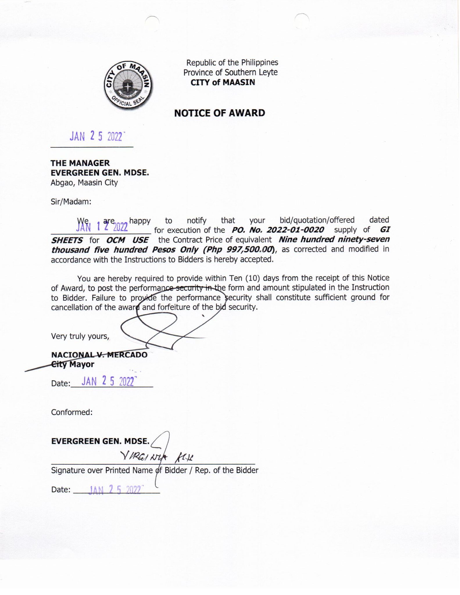 Notice of Award 012522