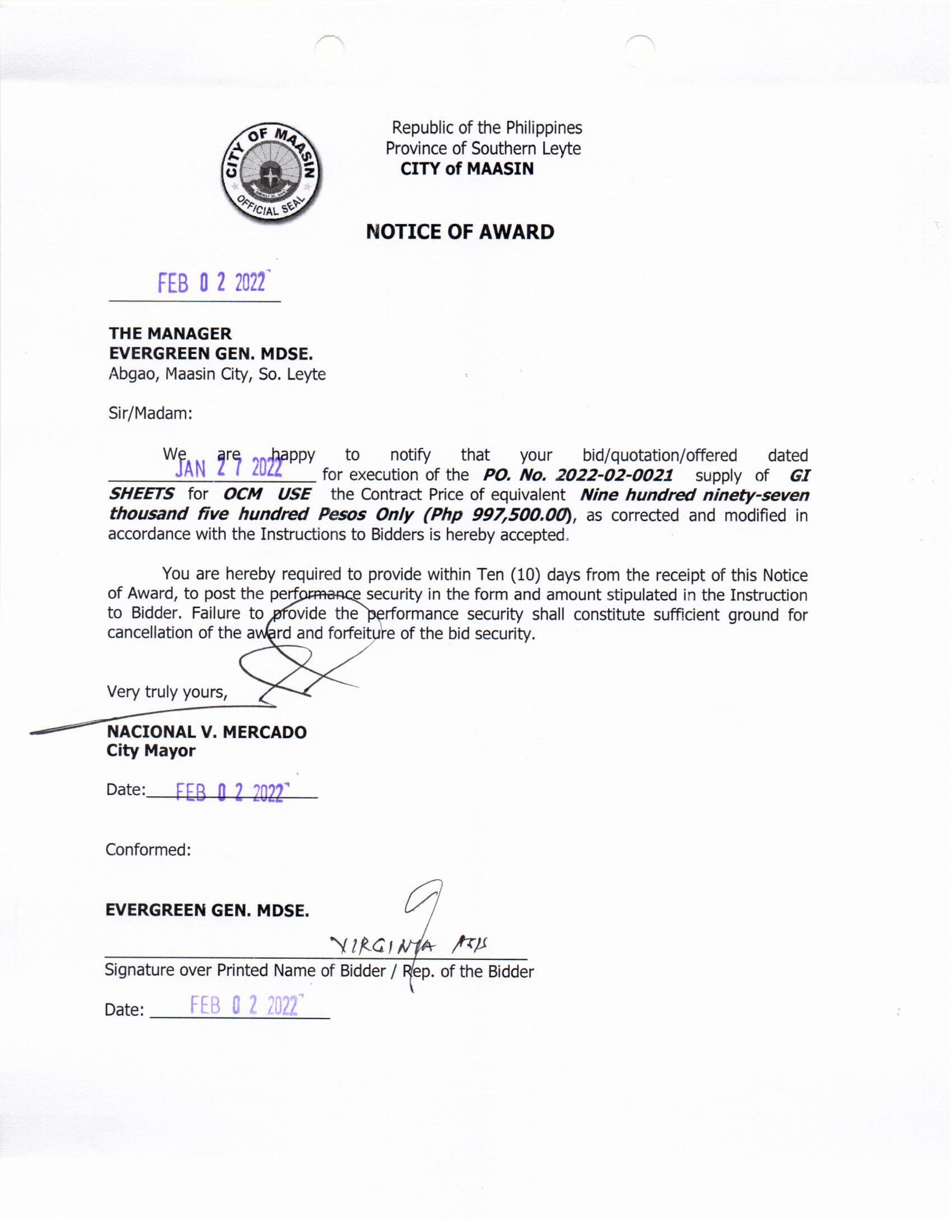 Notice of Award 020222