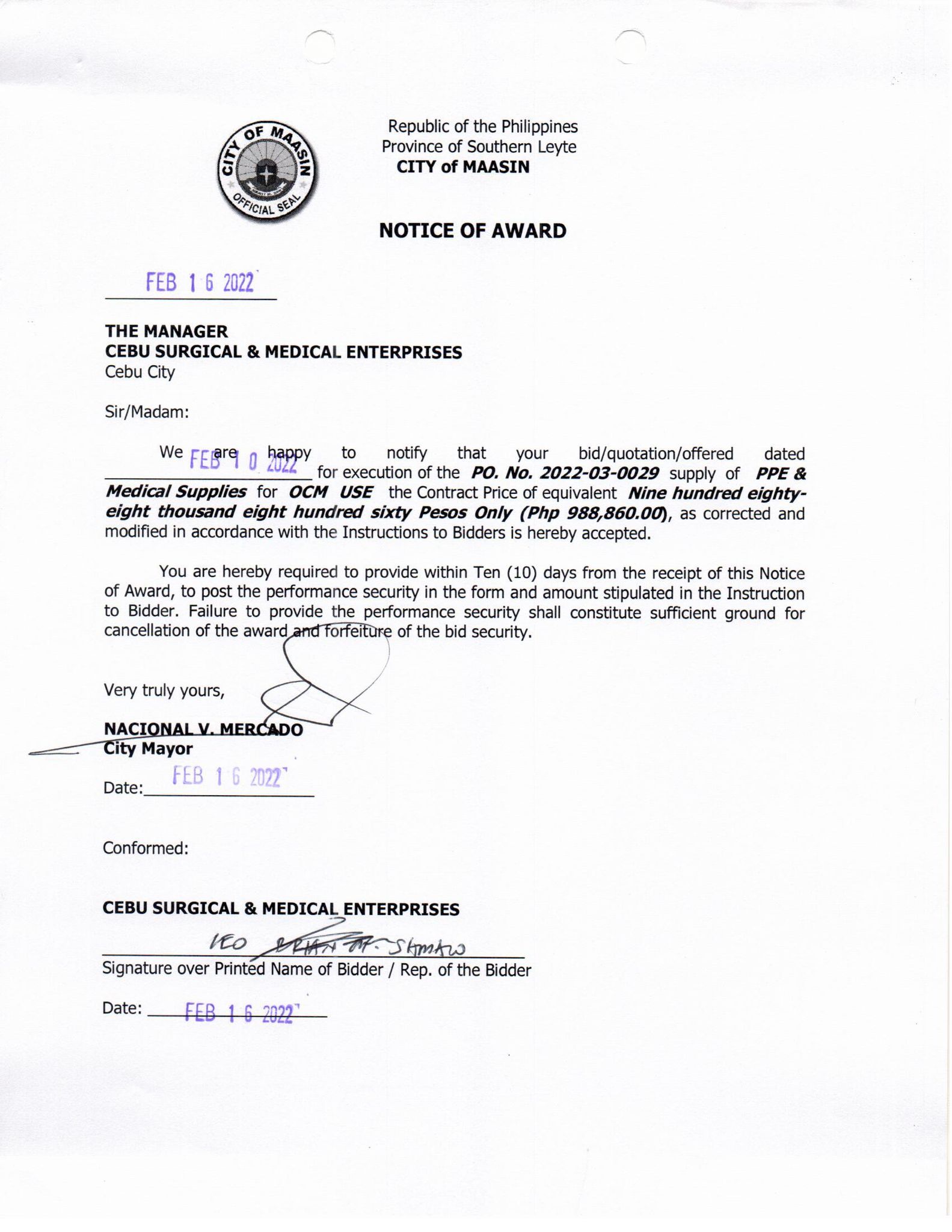 Notice of Award 021622