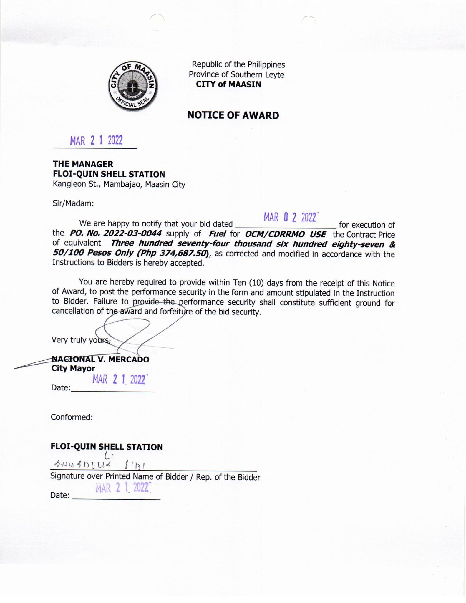 Notice of Award 032122