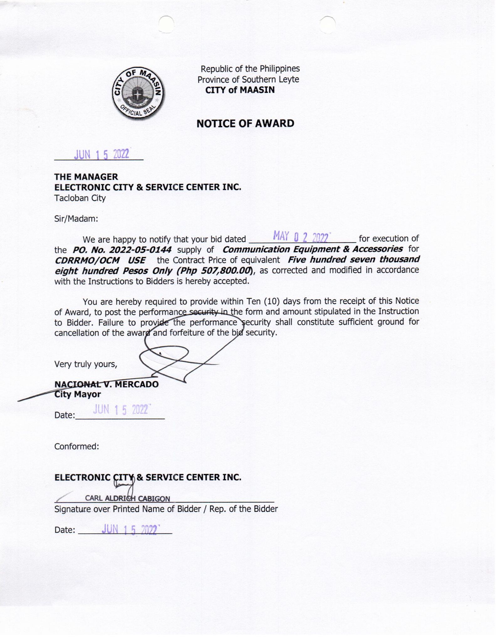 Notice of Award 06 15 22