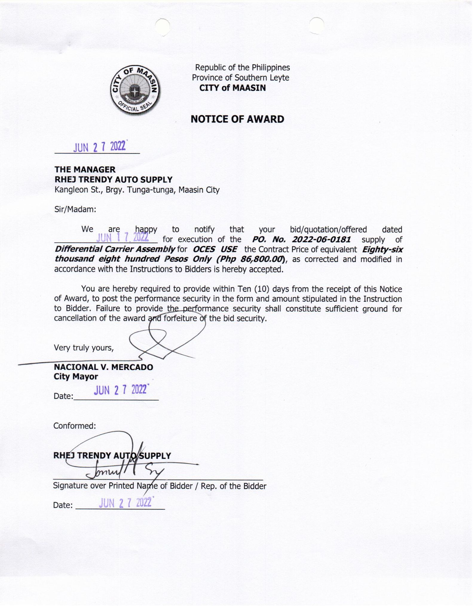 Notice of Award 06 27 22