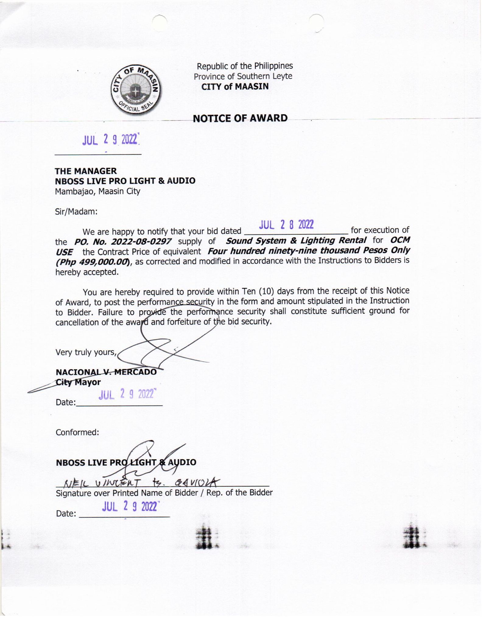 Notice of Award 07 29 22