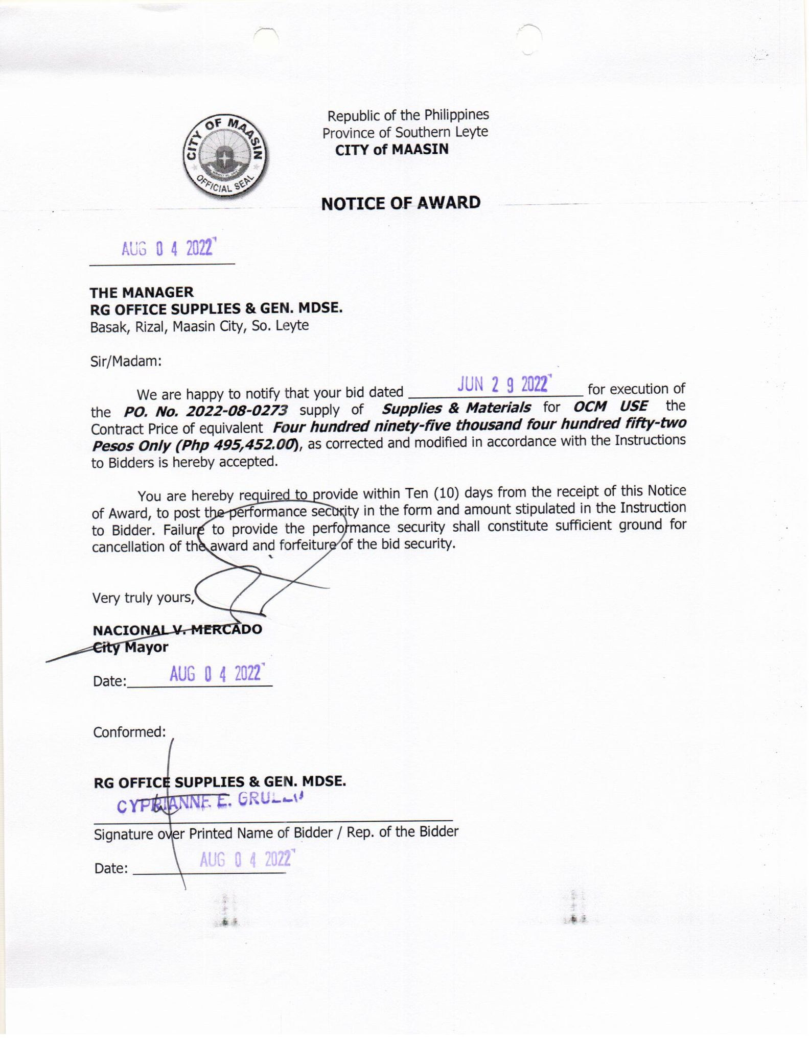 Notice of Award 08 04 22