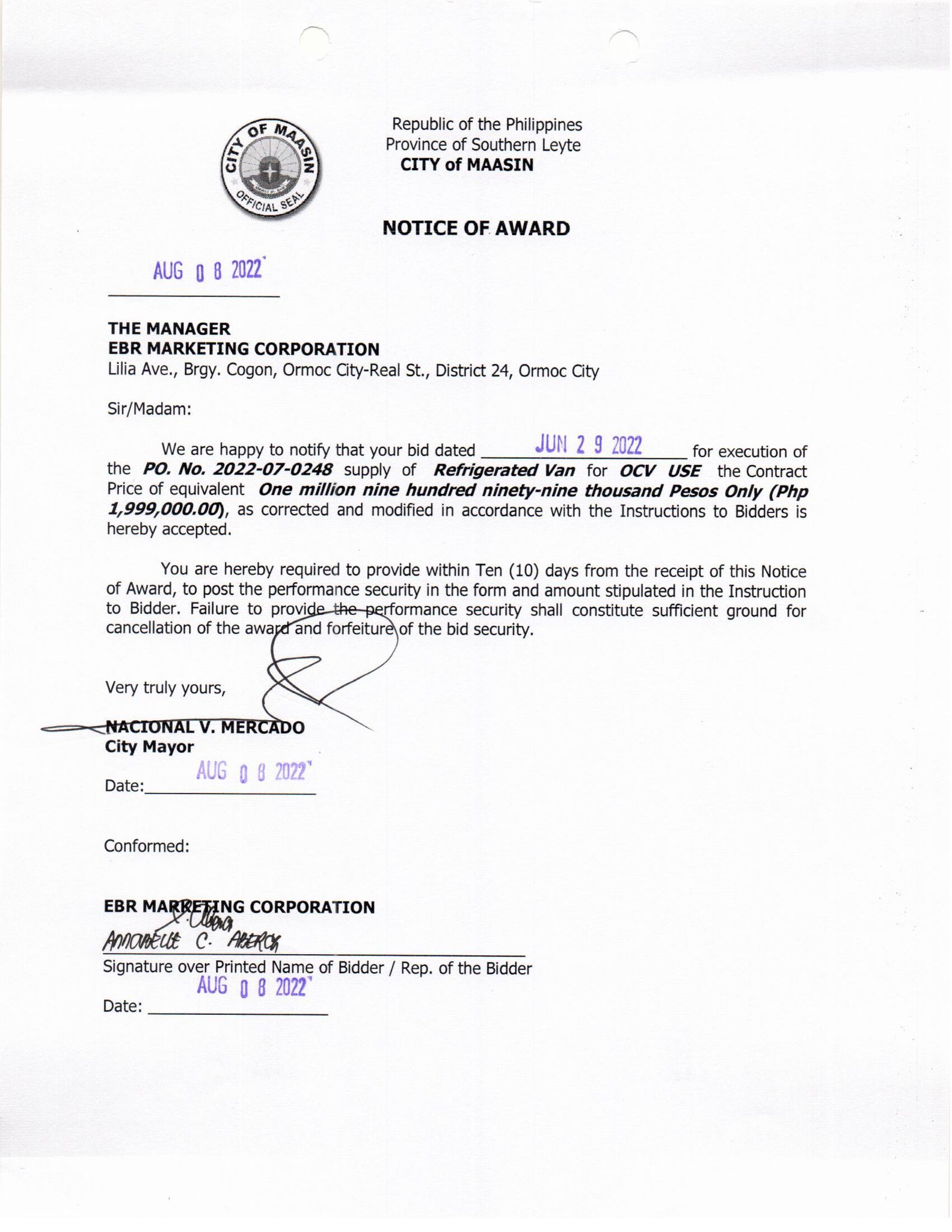 Notice of Award 08 08 22 0248