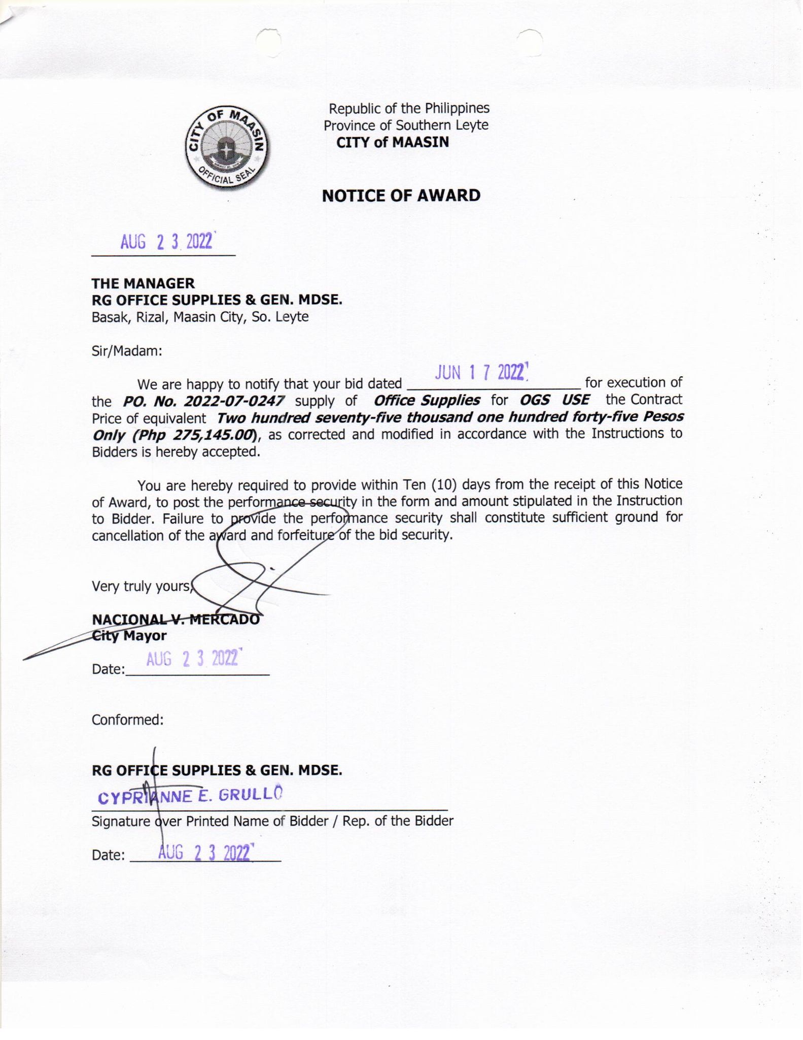 Notice of Award 08 23 22