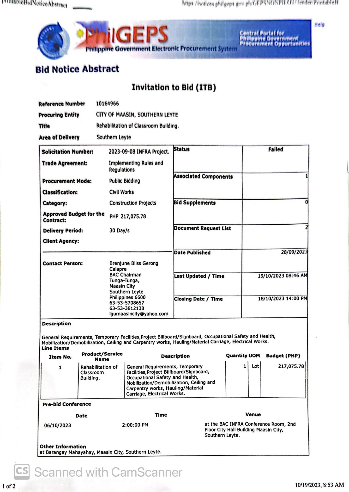 BAC Infra Failed ITB 092823