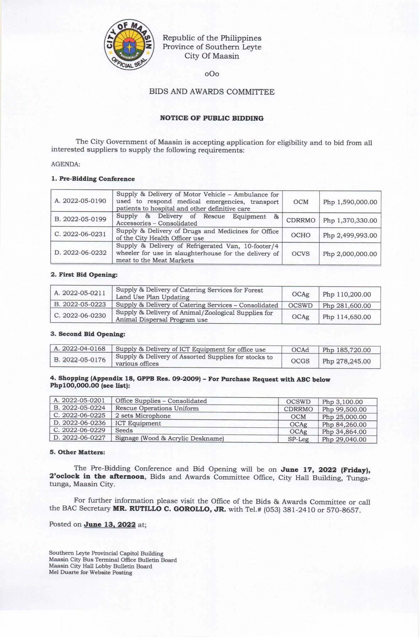 Notice of Public Bidding 06 13 22