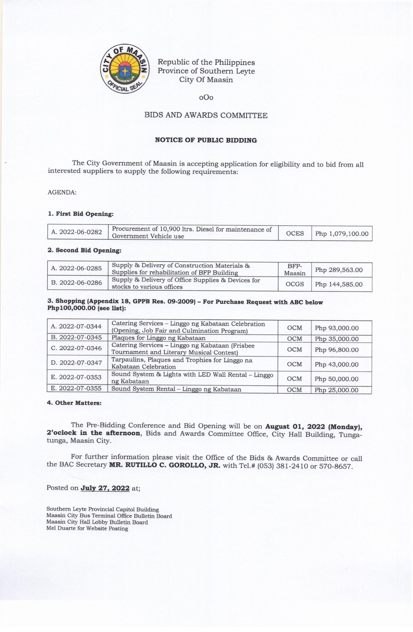 Notice of Public Bidding 07 27 22